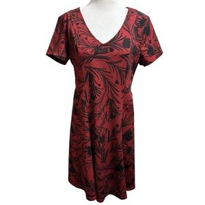 Lands End Red Black Botanical Leaf Print V-Neck A-Line Dress #835